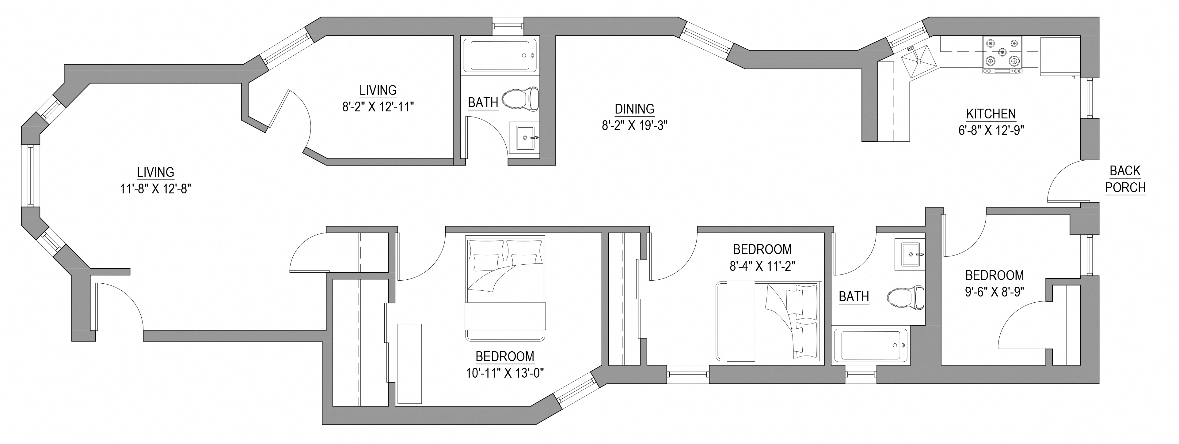 Floor plan for 3 beds, 2 baths
